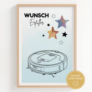 以下が含まれることがあります： ロボット掃除機の線画が描かれた額入りプリント。アートワークにはドイツ語の「Wunsch Erfüller」と星型のアクセントが含まれています。背景は水色と白のグラデーションです。