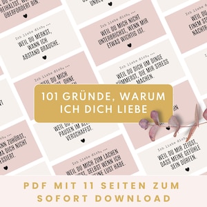 Könnte beinhalten: Ein digitaler Download mit 101 Gründen, warum „Ich liebe dich“ auf rosa und weißen Karten steht. Die Karten haben schwarzen Text und kleine Herzsymbole. Ein goldenes Banner lautet „101 Gründe, warum ich dich liebe“.