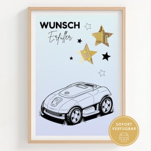 Könnte beinhalten: Gerahmter Druck mit einer Schwarz-Weiß-Illustration eines Rasenmähroboters. Das Kunstwerk enthält die deutschen Wörter "Wunsch Erfüller" und Sternakzente. Ein goldfarbener Aufkleber mit deutschem Text befindet sich unten rechts.