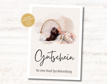 Gutschein Head Spa zum Download, Head Spa Behandlung Gutscheinkarte zum Ausdrucken, A6 PDF Vorlage