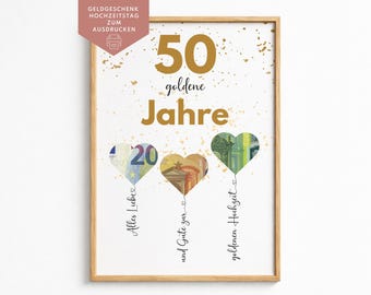 Cash gift for a golden wedding anniversary, gift for a 50th wedding anniversary, A4 PDF download
