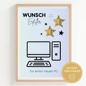Może przedstawiać: Oprawiony wydruk z jasnoniebieskim i białym gradientowym tłem. Wydruk przedstawia grafikę komputerową, kształty gwiazd i niemiecki tekst. Tekst zawiera "Wunsch Erfüller" i "für einen neuen PC". Złoty okrąg z tekstem znajduje się w prawym dolnym rogu.