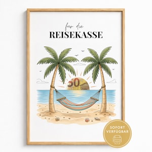 May include: A framed print featuring a beach scene with two palm trees, a hammock, and a sun depicted as a fifty euro banknote. The text "fur die REISEKASSE" is printed at the top. The artwork is enclosed in a light-coloured wooden frame.