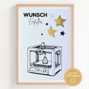 Könnte beinhalten: Gerahmter Druck mit einer Schwarz-Weiß-Illustration eines 3D-Druckers und einer Vase. Der Druck enthält die deutschen Wörter "Wunsch Erfüller" und Sterne, darunter zwei aus Euro-Banknoten.