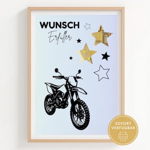 Könnte beinhalten: Gerahmter Kunstdruck mit einer schwarzen Motorradsilhouette auf einem hellblauen und weißen Farbverlauf. Der Druck enthält die Worte "Wunsch Erfüller" und Sterngrafiken, mit einem goldenen Kreis unten.