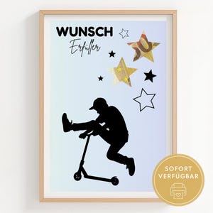 Może przedstawiać: Oprawiony wydruk artystyczny z czarną sylwetką osoby na skuterze, niemieckimi słowami "Wunsch Erfüller" i grafiką gwiazd. Wydruk ma jasnoniebieskie i białe gradientowe tło oraz złoty okrąg z tekstem.