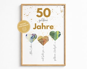 Cash gift for a golden wedding anniversary, gift for a 50th wedding anniversary, A4 PDF download