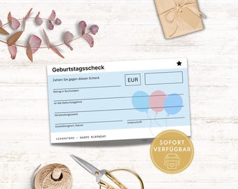 Scheck Geburtstag als Geldgutschein zum Download, personalisierbarer Geburtstagsgutschein, Scheck Druckvorlage zum Ausdrucken