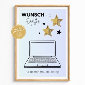 May include: A framed print featuring a black line drawing of a laptop centered on a light blue background. The text reads WUNSCH Erfüller and für deinen neuen Laptop. Two stars are filled with euro banknote patterns, alongside black and outline stars.