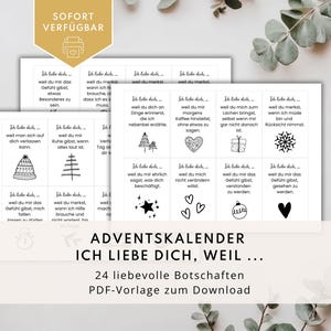 Op de afbeelding: Een printbaar PDF-sjabloon met 24 kaartjes met de Duitse tekst Ich liebe dich, weil... en diverse zwart-wit lijntekeningen zoals hartjes, sterren, sneeuwvlokken en cadeautjes, ontworpen voor een adventskalenderproject.