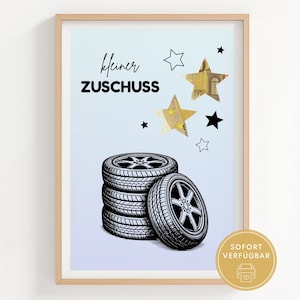 Gift of money for new tires, voucher for a set of new car tires, car accessory gift, A4 PDF template for download