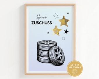 Vale-presente em dinheiro para pneus novos, voucher para um conjunto de pneus novos, presente acessório para carro, modelo em PDF A4 para download.