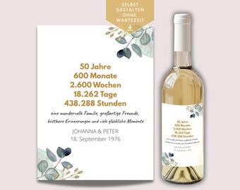 Personalized wine bottle for your 50th wedding anniversary, golden wedding anniversary gift download, wine label design for your golden wedding anniversary, Canva template