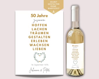Personalized wine label as a gift for a golden wedding anniversary, wine gift for a golden wedding anniversary, printable wine label, Canva template