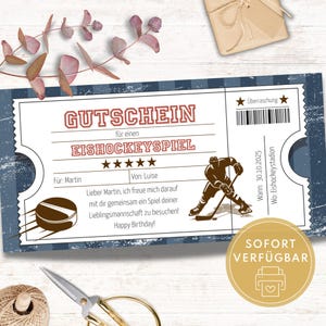 Pode incluir: Um vale-presente imprimível azul e branco para um jogo de hóquei no gelo. O texto diz "Gutschein für einen Eishockeyspiel" e "Wann: 30.10.2025 Wo: Eishockeystadion".