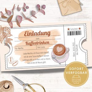 Einladung zum Kaffeetrinken, Gutscheinkarte für Kaffeeklatsch, Gutschein Vorlage zum Ausdrucken als kleine Geschenkidee für Freundinnen