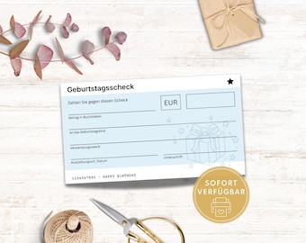 Assegno di compleanno in PDF, buono di compleanno personalizzato, modello di assegno vuoto da scaricare