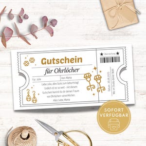 Gift certificate for ear piercing, ear piercing voucher template, printable ear piercing voucher, gift idea for daughter