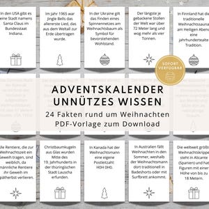 Pode incluir: Um modelo PDF digital intitulado Adventskalender Unnützes Wissen apresentando 24 fatos de Natal em alemão. O layout inclui cartões retangulares brancos com texto preto e ícones festivos, dispostos em uma grade sobre um fundo de madeira clara.