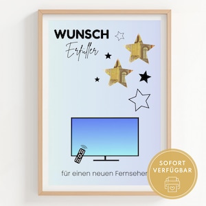Pode incluir: Impressão artística emoldurada com um fundo gradiente azul claro e branco. A impressão apresenta as palavras "Wunsch Erfüller" e um gráfico de TV com um controle remoto. Formas de estrelas douradas e formas de estrelas pretas também estão incluídas. O texto "für einen neuen Fernseher" está na parte inferior.