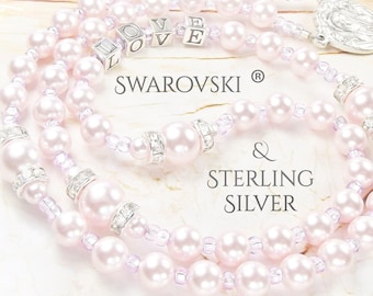 Personalisierte rosa Perle Taufe Rosenkranz für Mädchen, Sterling Silber Buchstaben
