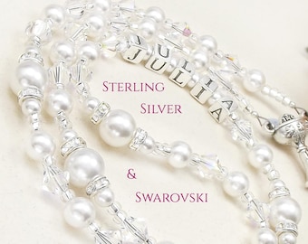 Personalized First Holy Communion Rosary: White Pearl & Crystal, Sterling Silver Letter Beads