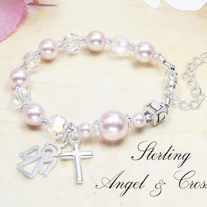 Pulsera de rosario de bautismo personalizada para niña con perlas y cristales - Dijes de plata esterlina y cuentas de letras, regalo de bautizo para niña