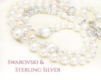 Personalized White Pearl First Holy Communion Rosary, Sterling Silver Letter Beads