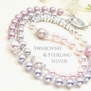 Pearl Rosary Personalized with Sterling Silver Letters For Baptism and First Holy Communion