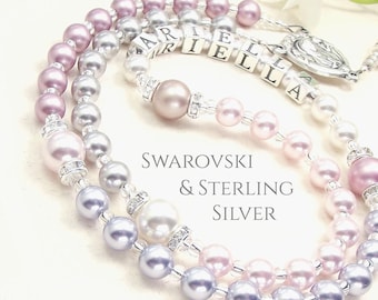 Pearl Rosary Personalized with Sterling Silver Letters For Baptism and First Holy Communion