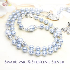 Rosario de cuentas de bautizo para bebés varones, personalizado, con perlas azules y cuentas con letras de plata de ley 925. Regalo para bautizo de niño.