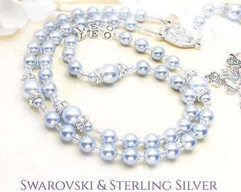 Personalized Blue Pearl Boys Baptism Rosary, Sterling Silver Letter Beads