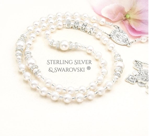 Personalized Girls Baptism First Holy Communion Rosary: White Pearls with Sterling Silver Letter Beads