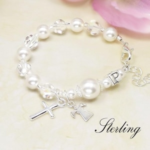 Pulsera de rosario de bautismo personalizada para niña: dijes de plata esterlina y cuentas con letras, perlas y cristales, regalo de bautizo para niña