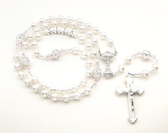 Personalized Pearl Rosary for First Communion and Baptism, Sterling Silver Beads, Rhinestone Accents