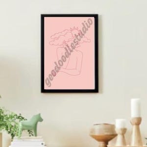 Pink Head in the Clouds Line Art Wall Art | Pink Background Red Line | Instant Digital Download | Home Decor Art