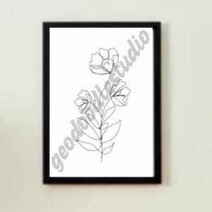 Flower Line Art Wall Art | White Background Black Line | Instant Digital Download | Home Decor Art