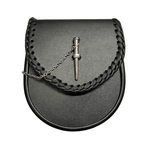 Men&#39;s Scottish Pin Lock Black Leather Sporran Highland Kilt Sporran with Chain Strap