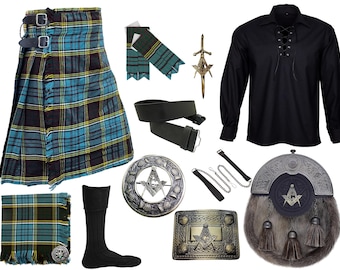 Conjunto de 10 piezas de kilt escocés masónico Sporran para hombre Conjunto tradicional de kilt de las Tierras Altas Disponible en más de 45 tartanes
