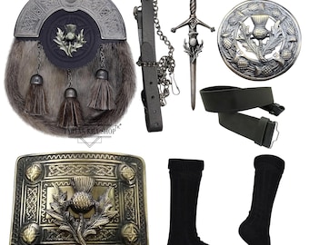 Conjunto escocés de 6 piezas para hombre, tipo sporran de cardo, con calcetines negros y cinturón.