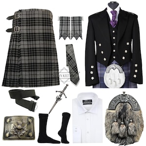 Conjunto de 11 piezas de kilt escocés con chaqueta de Príncipe Charlie y cardo para hombre, conjunto de kilt de boda tradicional, disponible en más de 50 tartanes