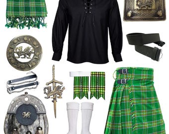 Men's Scottish 10 Pieces Welsh Dragon Sporran kilt Set Traditional Highland Wedding Kilt outfit Available in 45+ Tartans