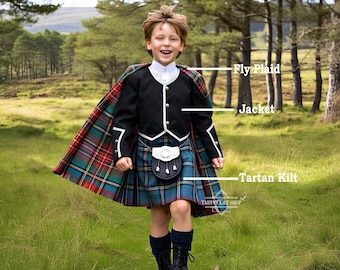 Kids Kilt Outfit Traditional 3 Pieces Boys Kilt set Jacket, Fly plaid & Kilt Available in 50+ Tartans