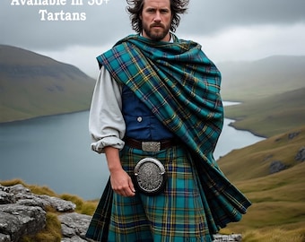 May include: A person wearing a teal, yellow, and navy plaid kilt and matching shawl. The outfit includes a navy vest, white shirt, and a decorative belt with a silver buckle and sporran. The text "Available in 50+ Tartans" is visible.
