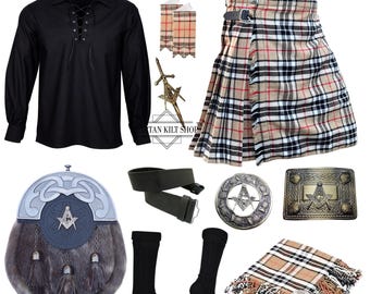 Conjunto de 10 piezas de kilt escocés con insignia masónica para hombre, sporran, traje tradicional de boda de las Tierras Altas, disponible en más de 45 tartanes.