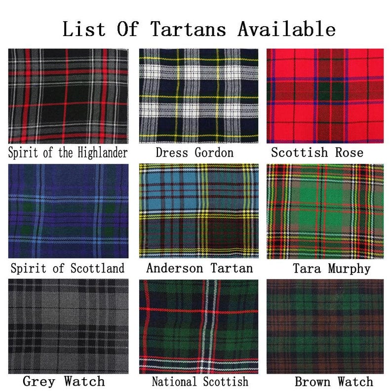 May include: A collage of nine different tartan patterns, each with a name below it. The tartans include "Spirit of the Highlander", "Dress Gordon", "Scottish Rose", "Spirit of Scotland", "Anderson Tartan", "Tara Murphy", "Grey Watch", "National Scottish", and "Brown Watch".