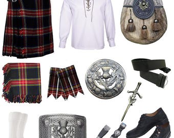 Skotskt herrset med 12 delar, sporrankilt i traditionell höglandsstil, finns i över 45 tartaner.