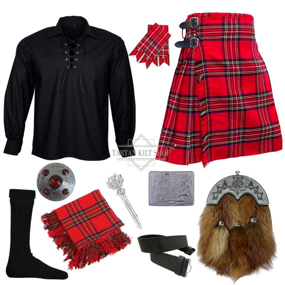 Men's Scottish 10 Pieces Thistle Fur Sporran kilt outfit Traditional Highland Kilt set Available in 50+ Tartans