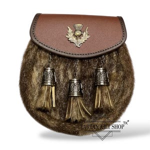 Men&#39;s Scottish Brown Thistle Badge Leather Sporran Highland Kilt Sporran with Chain Strap