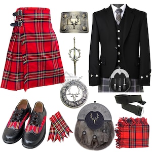 Könnte beinhalten: Ein traditionelles schottisches Kilt-Outfit mit einem roten und schwarzen Tartan-Kilt, einer schwarzen Jacke, einem Sporran, einer Kilt-Nadel, einem Kilt-Gürtel und einem Paar schwarzen Schuhen mit roten und schwarzen Tartan-Akzenten.
